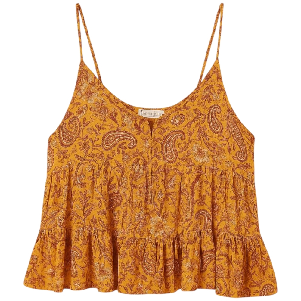 Patrons of Peace Mustard Paisley Ruffled Tank Top